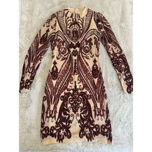 Main Strip sequin bodycon mini dress, nude mesh with burgundy‎ beaded design L
